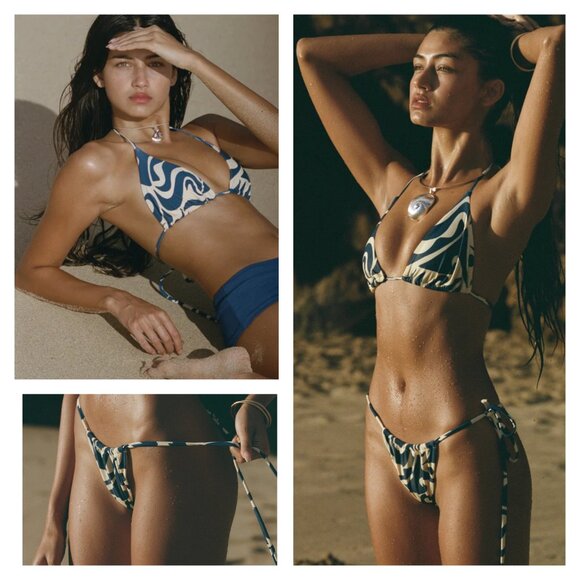 ABYSSE XL String Bikini Pacific Print Blue Swirl Misty Bottoms Brazilian Cut - Picture 1 of 5
